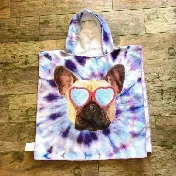 Frenchie with Sun Glasses Tie-Dye Purple Hoodie Towel Children' s size - Picture 1 of 2